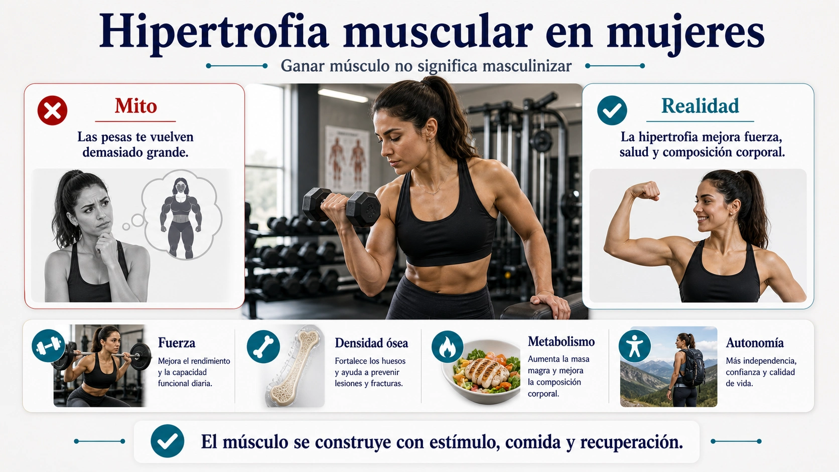 Infografía de hipertrofia muscular en mujeres con mito realidad y beneficios de fuerza salud y autonomía