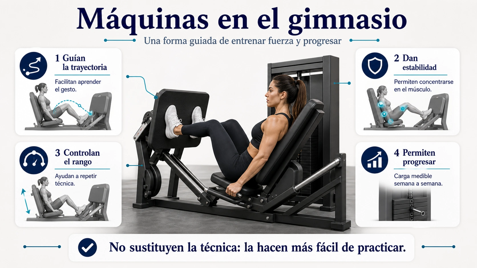 Infografía de máquinas de gimnasio para mujeres con trayectoria estabilidad rango y progresión