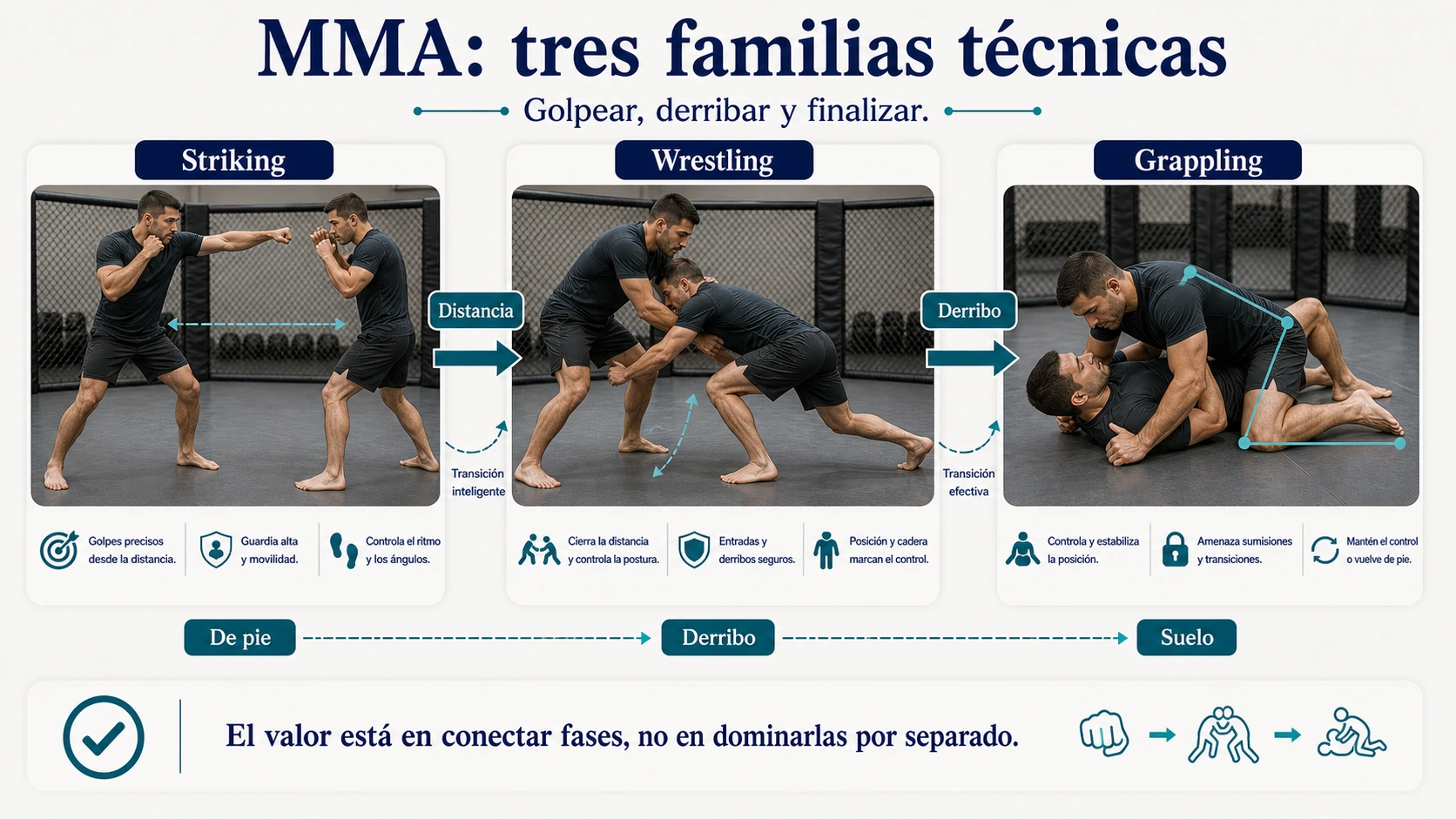 Familias técnicas del MMA con striking wrestling y grappling conectadas por distancia derribo y suelo