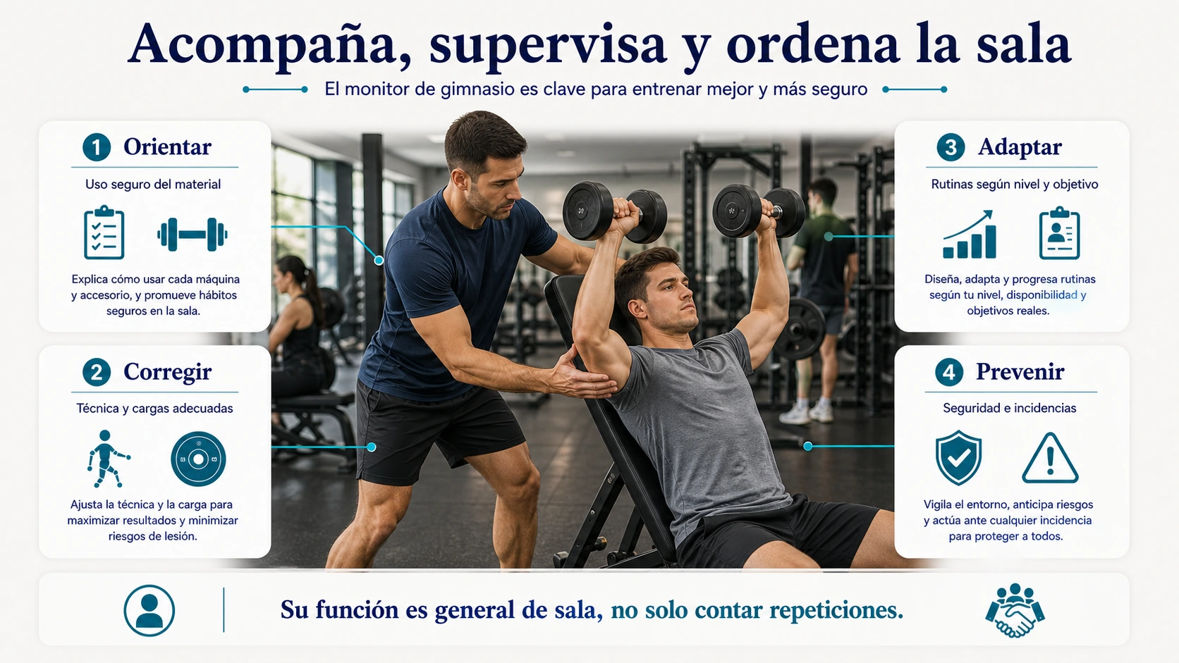 Funciones de un monitor de gimnasio orientando corrigiendo adaptando rutinas y previniendo riesgos en sala