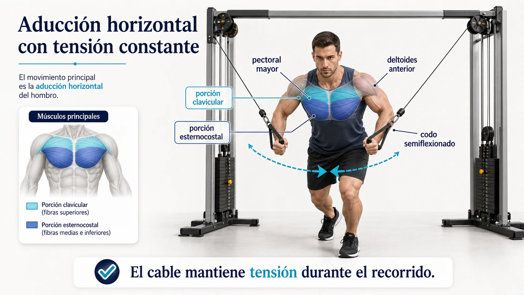 Cruce en polea para pectoral con aduccion horizontal tension constante y pectoral mayor resaltado
