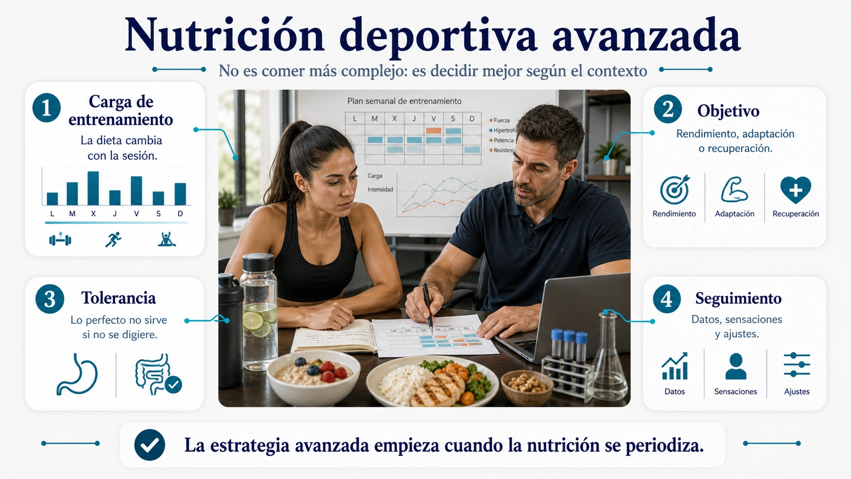 Infografía de nutrición deportiva avanzada con carga objetivo tolerancia y seguimiento