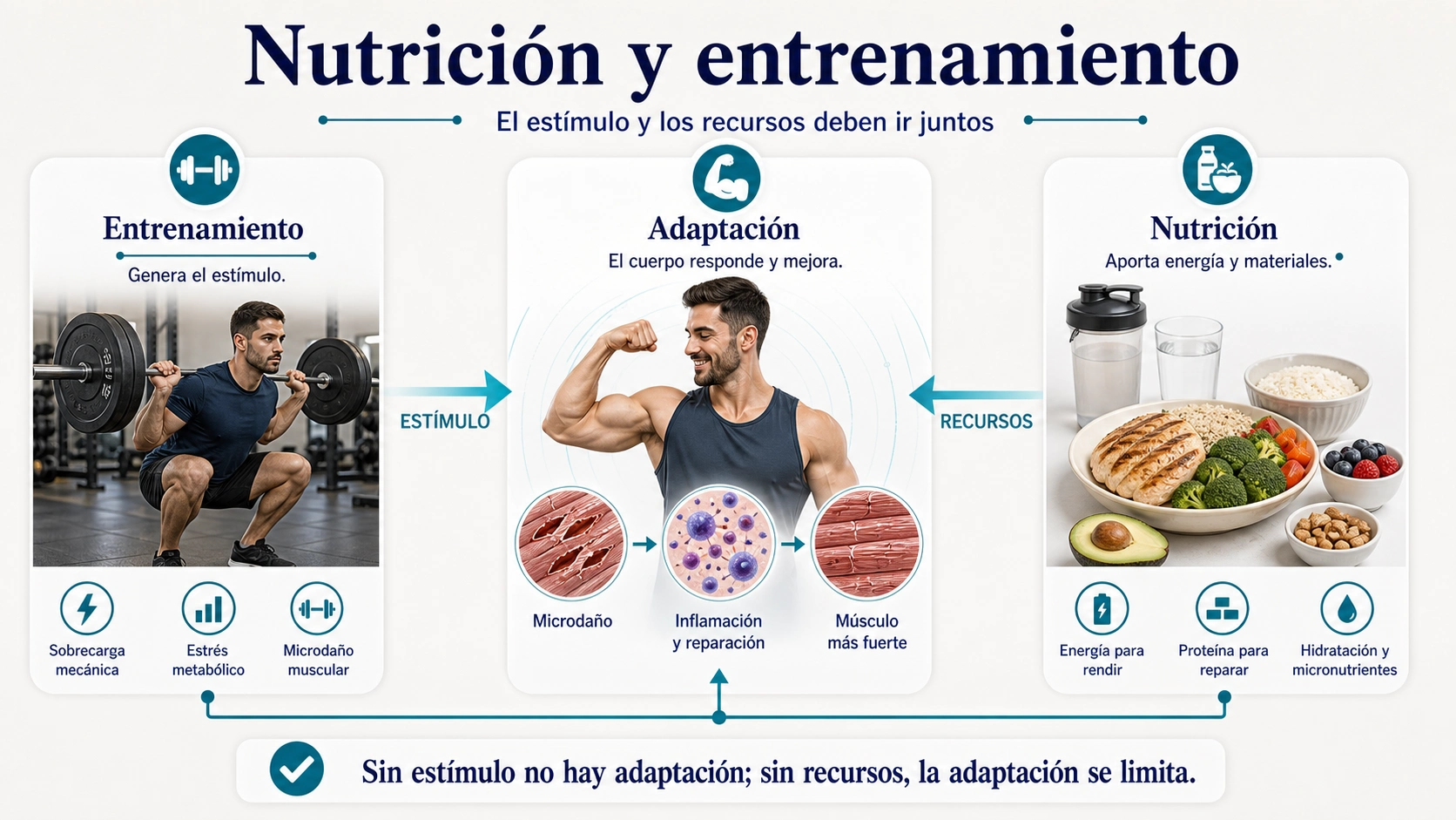 Infografía de nutrición y entrenamiento como estímulo recursos adaptación y recuperación muscular