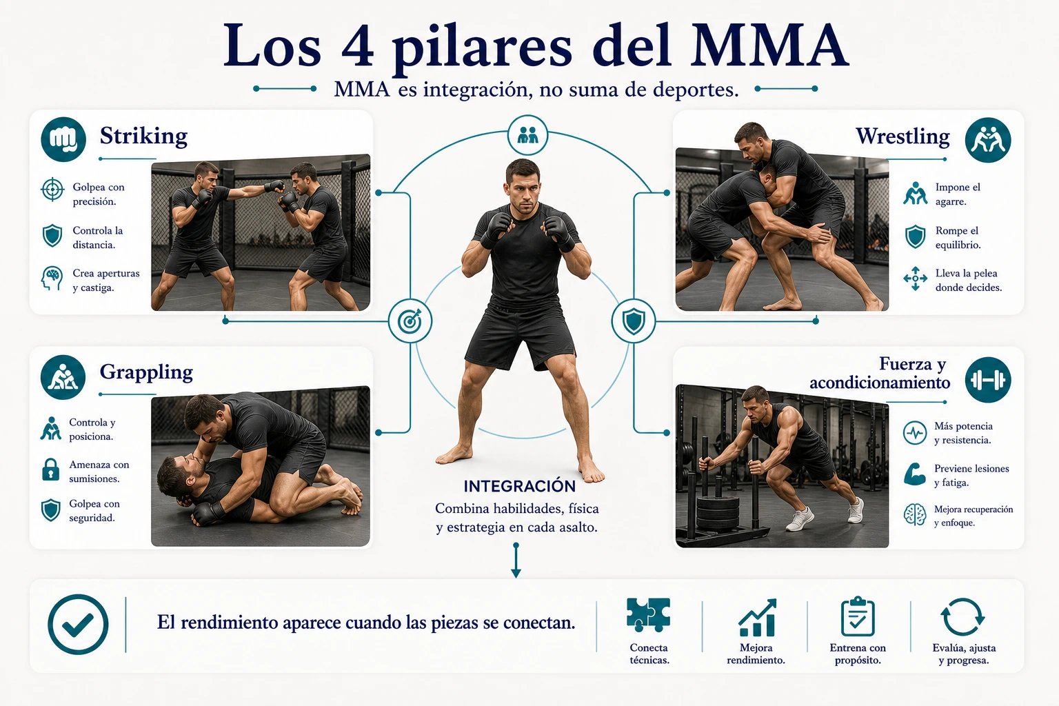 Cuatro pilares del entrenamiento MMA con striking wrestling grappling y fuerza y acondicionamiento