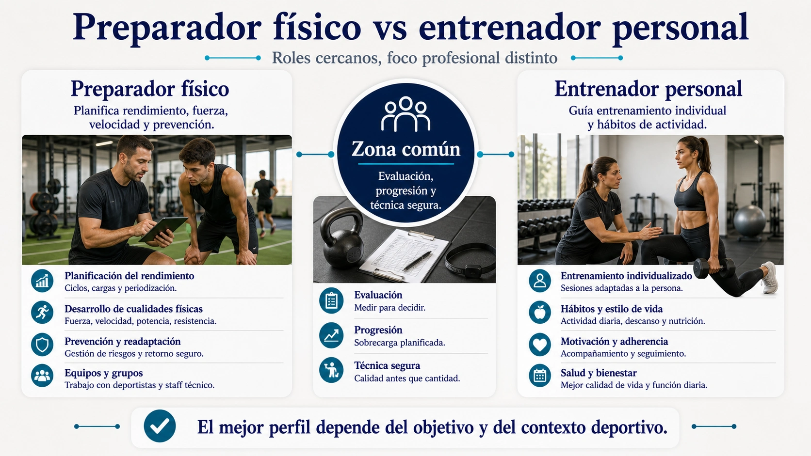 Infografía comparativa de preparador físico y entrenador personal con rendimiento planificación y técnica segura