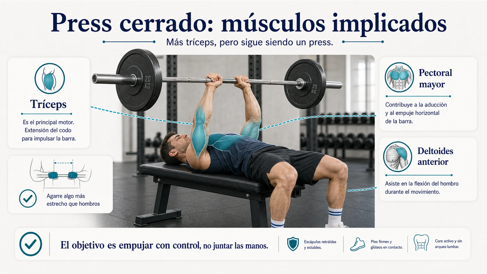 Press de banca con agarre cerrado y músculos implicados tríceps pectoral mayor y deltoides anterior