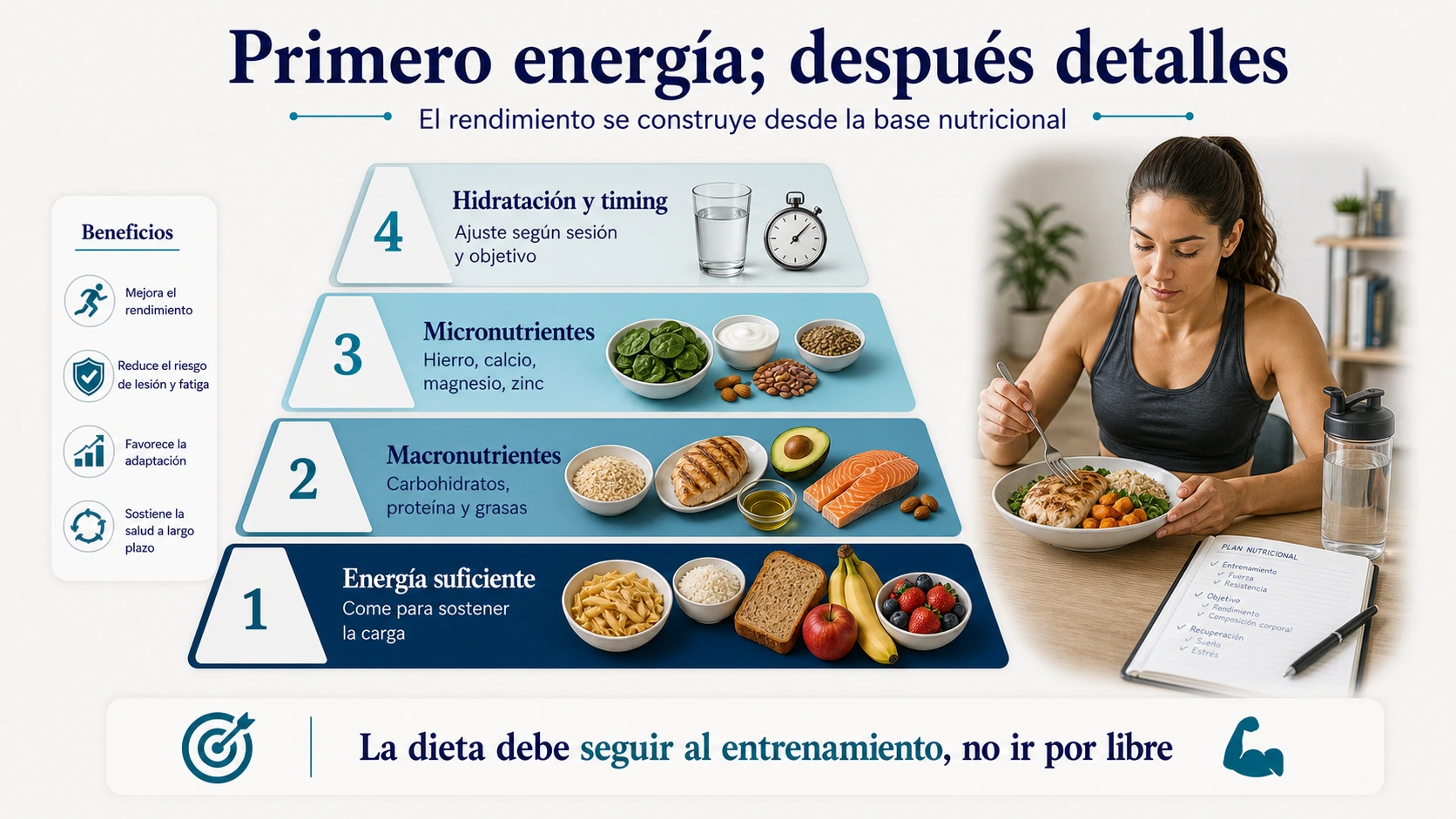 Jerarquía de nutrición deportiva para rendimiento con energía suficiente macronutrientes micronutrientes hidratación y timing