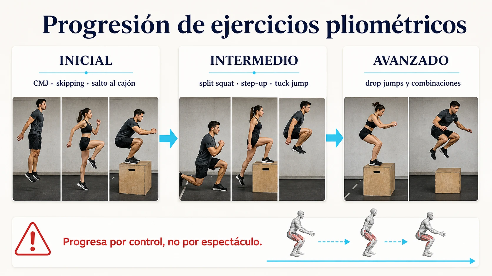 Progresión de ejercicios pliométricos desde nivel inicial a avanzado