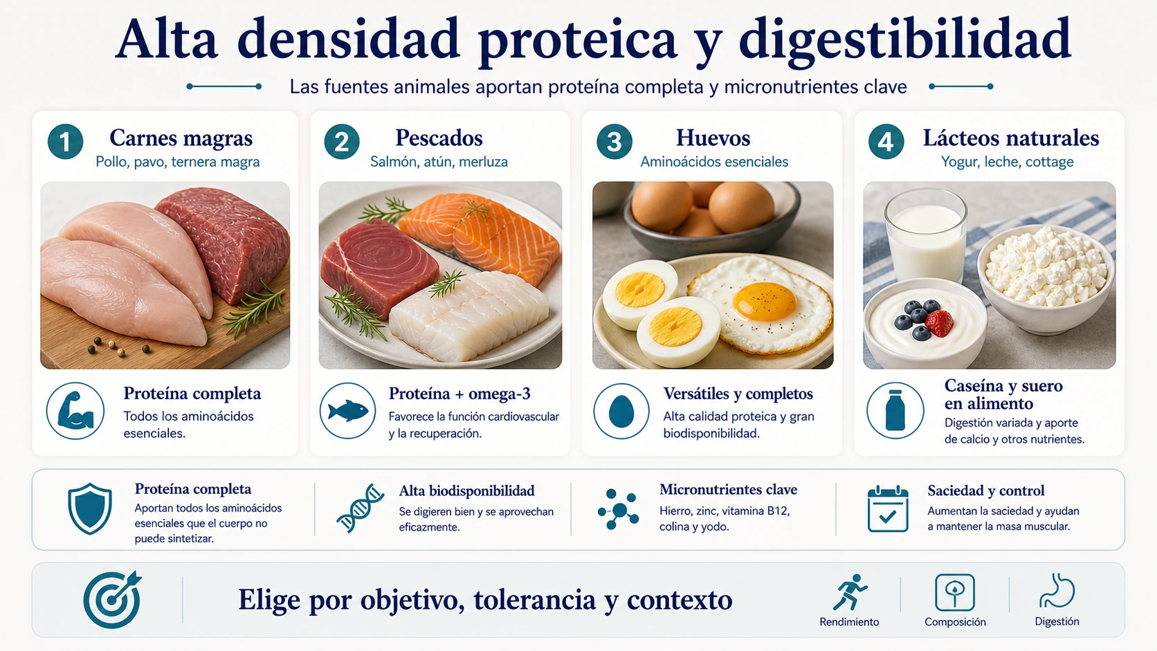 Fuentes naturales de proteína animal con carnes magras pescados huevos y lácteos naturales por densidad proteica digestibilidad y micronutrientes