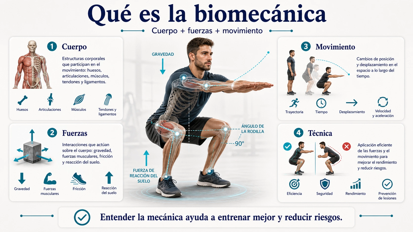 Infografía de biomecánica con cuerpo fuerzas movimiento técnica ángulos articulares y reacción del suelo