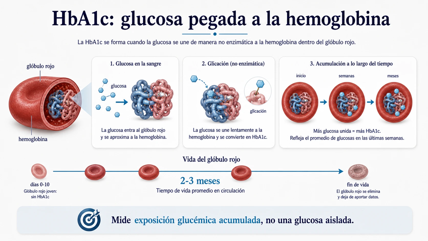Explicacion de HbA1c como glucosa pegada a la hemoglobina en globulos rojos durante dos a tres meses