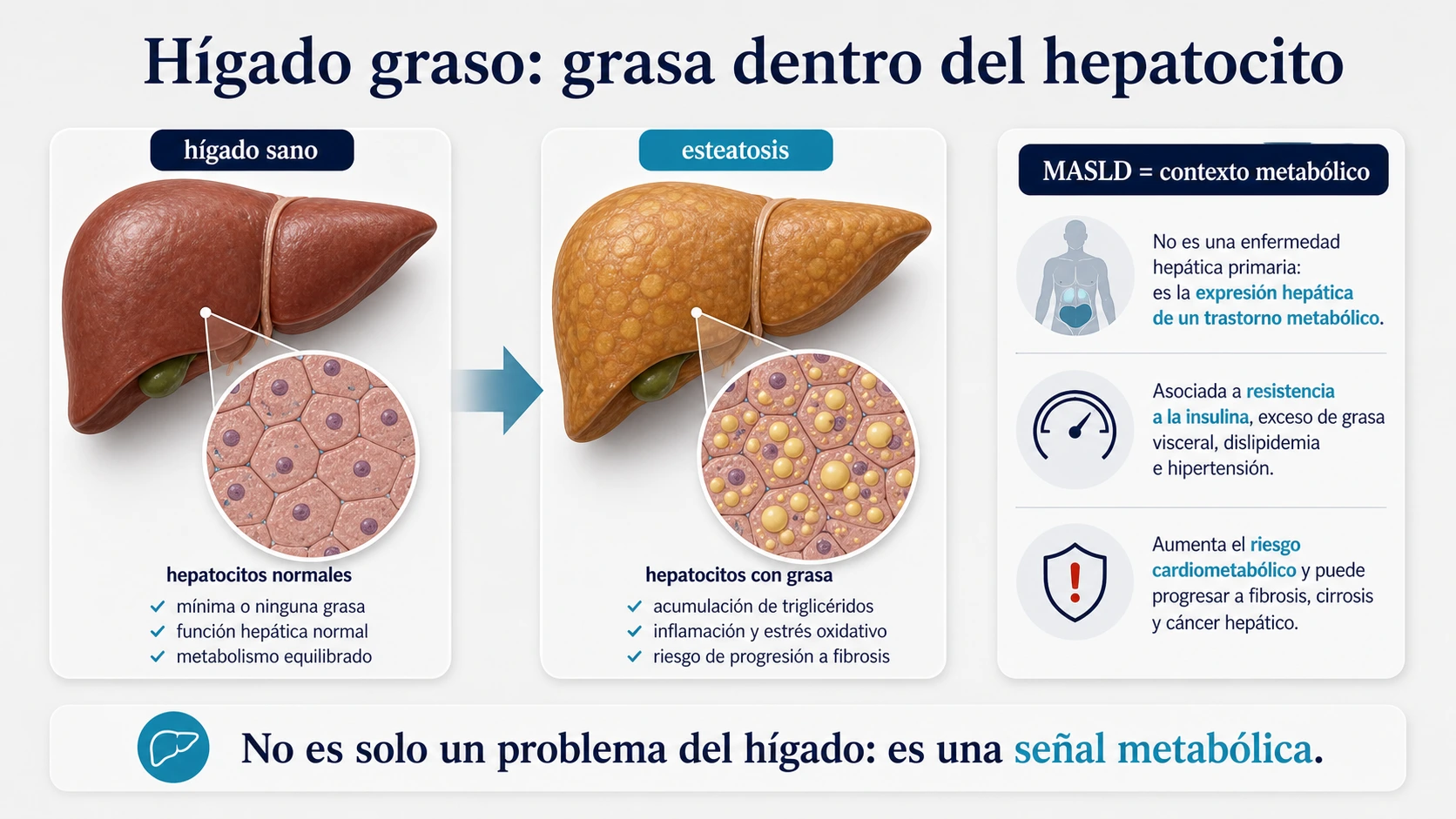 Comparativa de higado sano e higado graso con grasa dentro de los hepatocitos y contexto metabolico MASLD