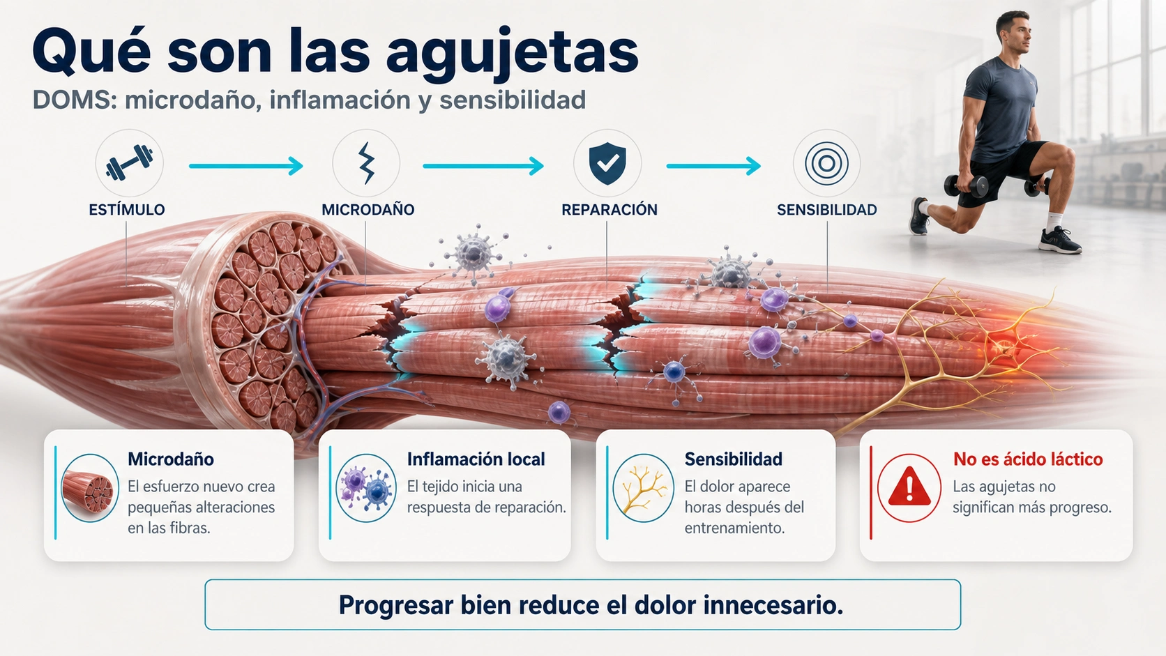 Infografía de qué son las agujetas DOMS con microdaño muscular inflamación local sensibilidad y mito del ácido láctico