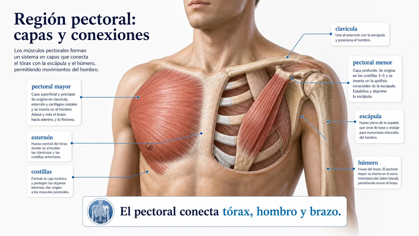 Region pectoral con pectoral mayor superficial pectoral menor profundo clavicula esternon costillas humero y escapula