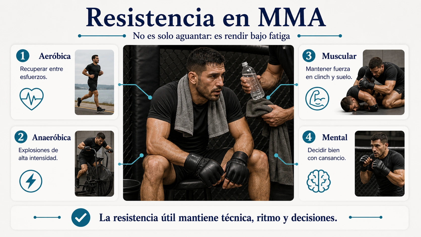 Infografía de resistencia en MMA con componentes aeróbico anaeróbico muscular y mental