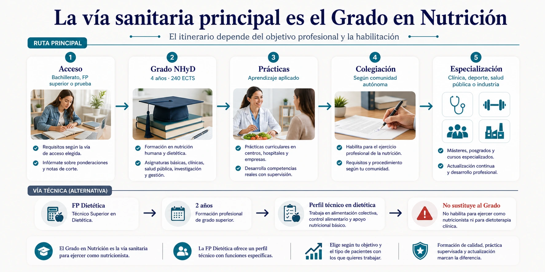 Ruta formativa para ser nutricionista en España con acceso grado en Nutrición Humana y Dietética prácticas colegiación especialización y alternativa FP Dietética