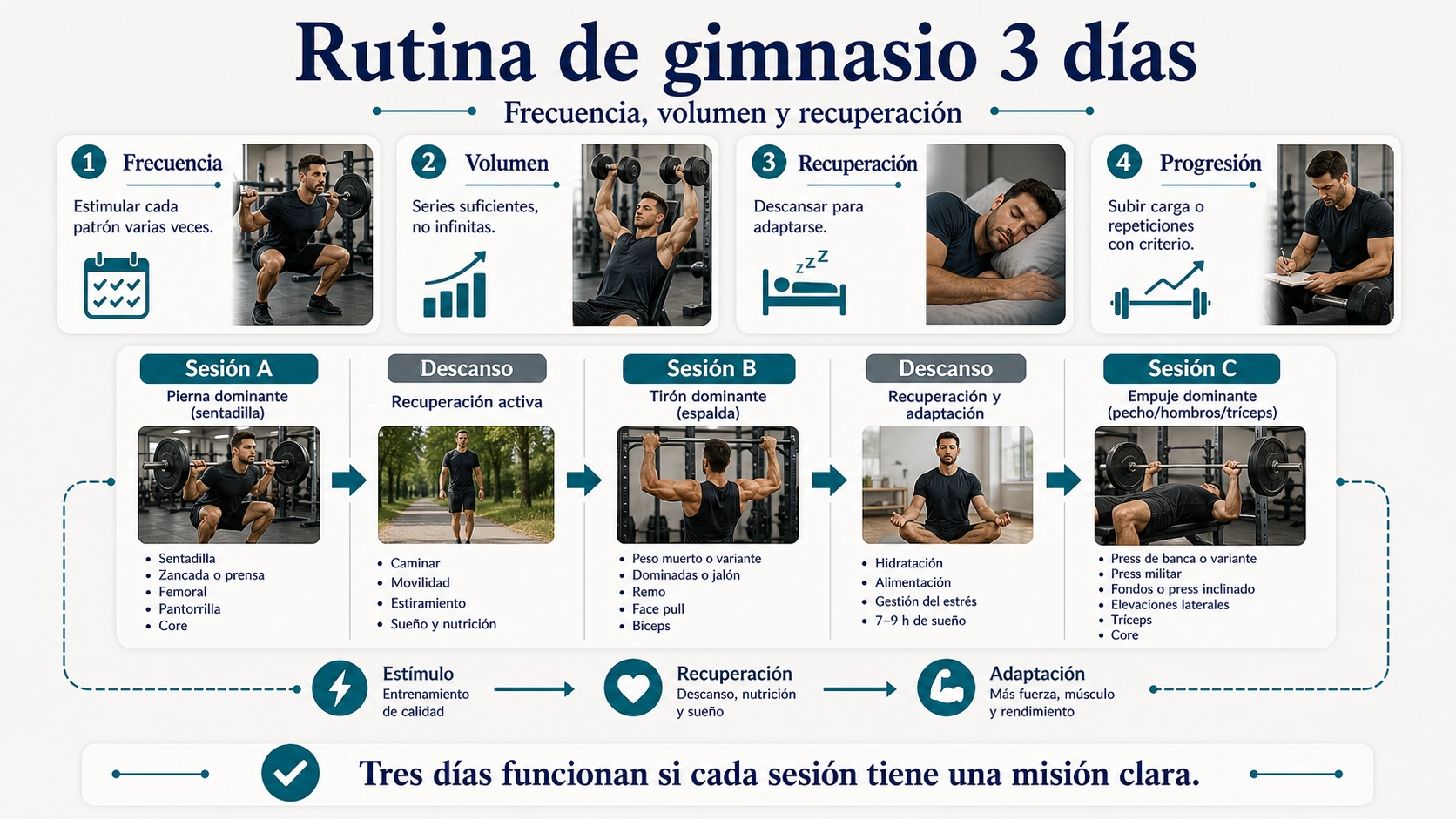 Infografía de rutina de gimnasio 3 días con frecuencia volumen recuperación y progresión