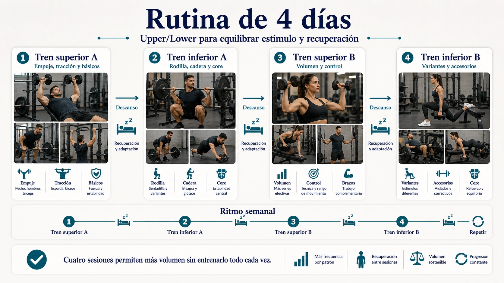 Infografía de rutina de gimnasio 4 días Upper Lower con tren superior tren inferior y recuperación