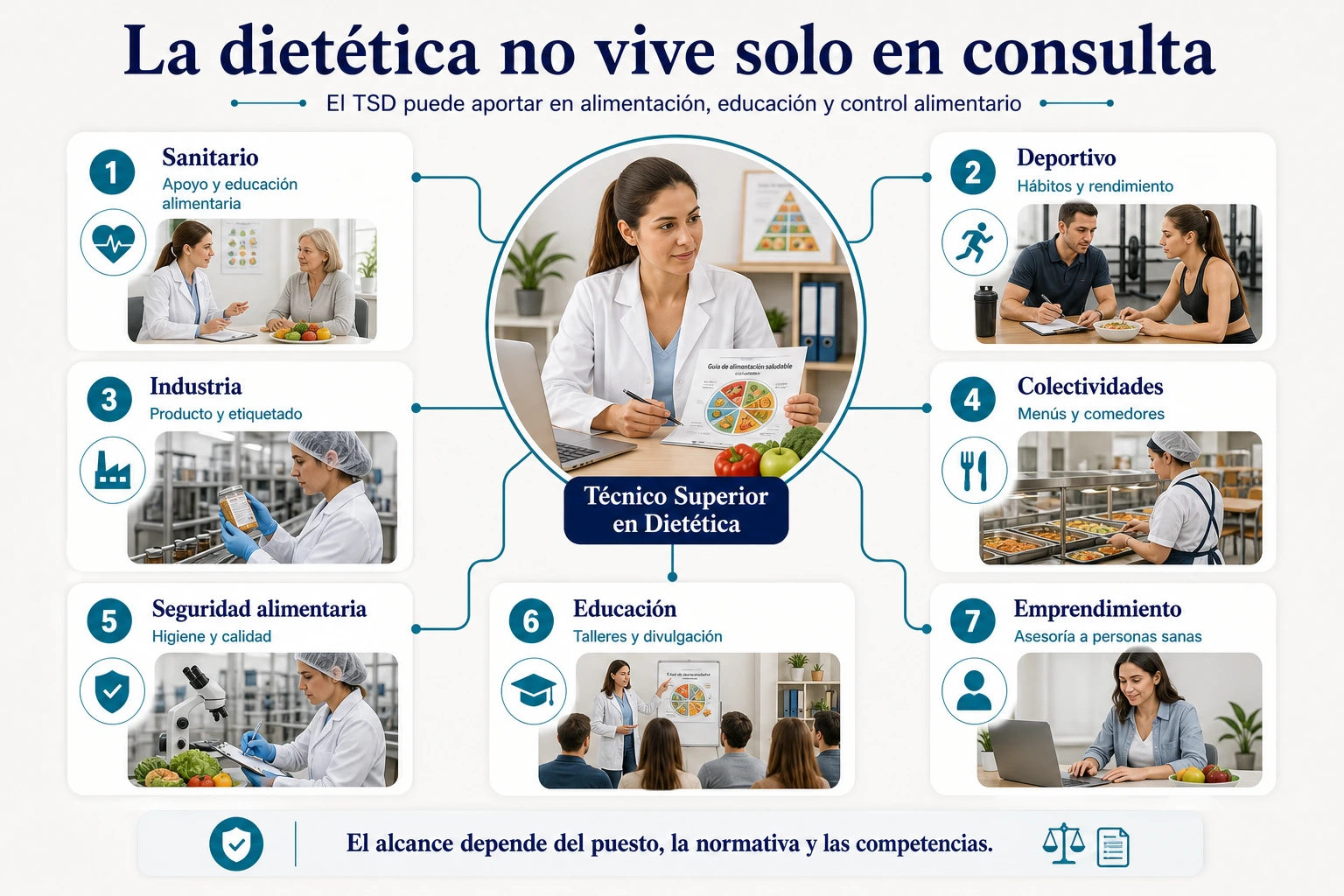 Mapa de salidas profesionales del FP de Dietética por sectores sanitario deportivo industria colectividades seguridad alimentaria educación y emprendimiento