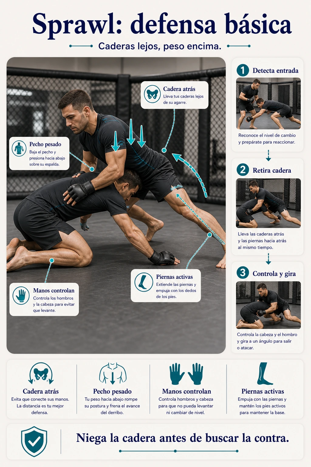 Sprawl en MMA para defender derribos con cadera atrás pecho pesado manos controlando y piernas activas