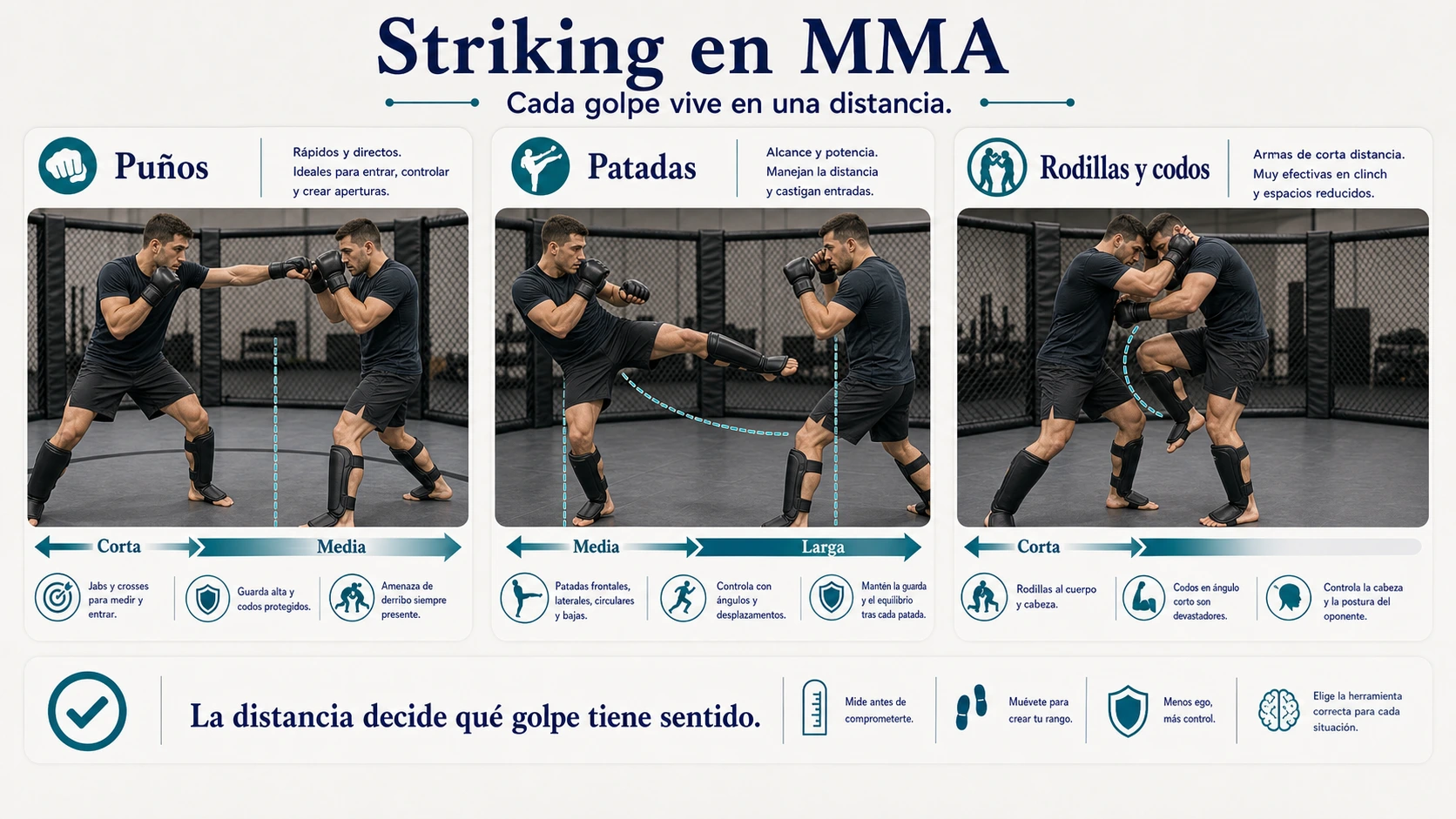 Tipos de striking en MMA con puños patadas rodillas y codos según la distancia de combate
