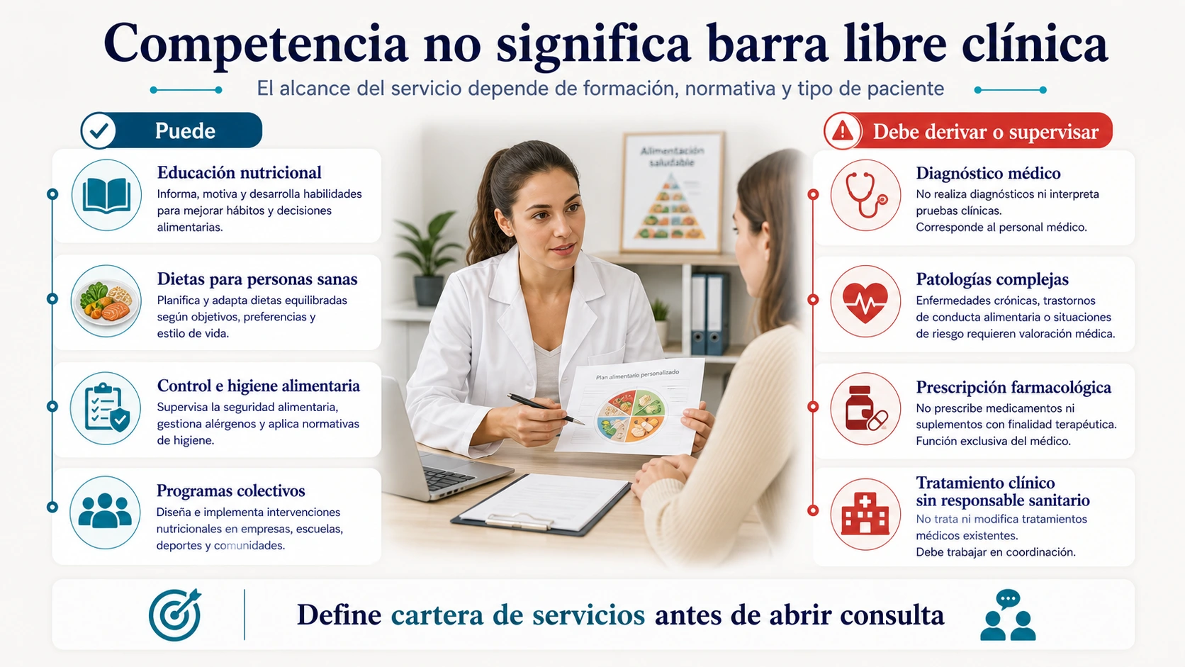 Competencias y límites del Técnico Superior en Dietética con actividades permitidas y situaciones que requieren derivación o supervisión