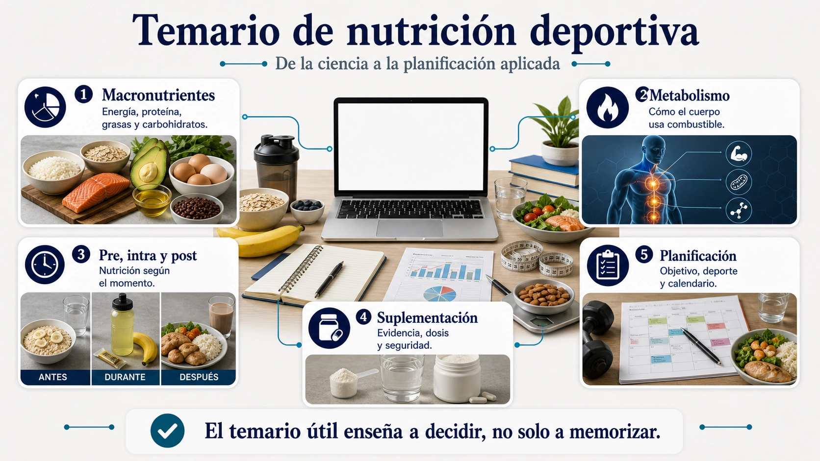 Infografía de temario de curso de nutrición deportiva con macronutrientes metabolismo suplementación y planificación