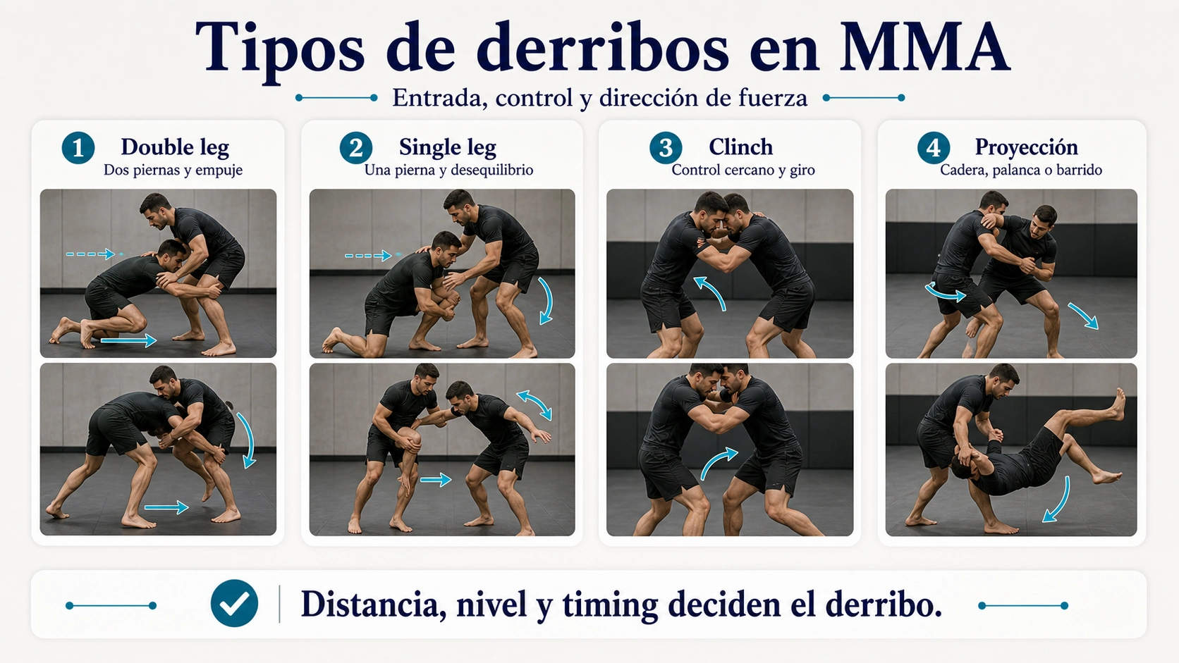 Infografía de tipos de derribos en MMA con double leg single leg clinch y proyección
