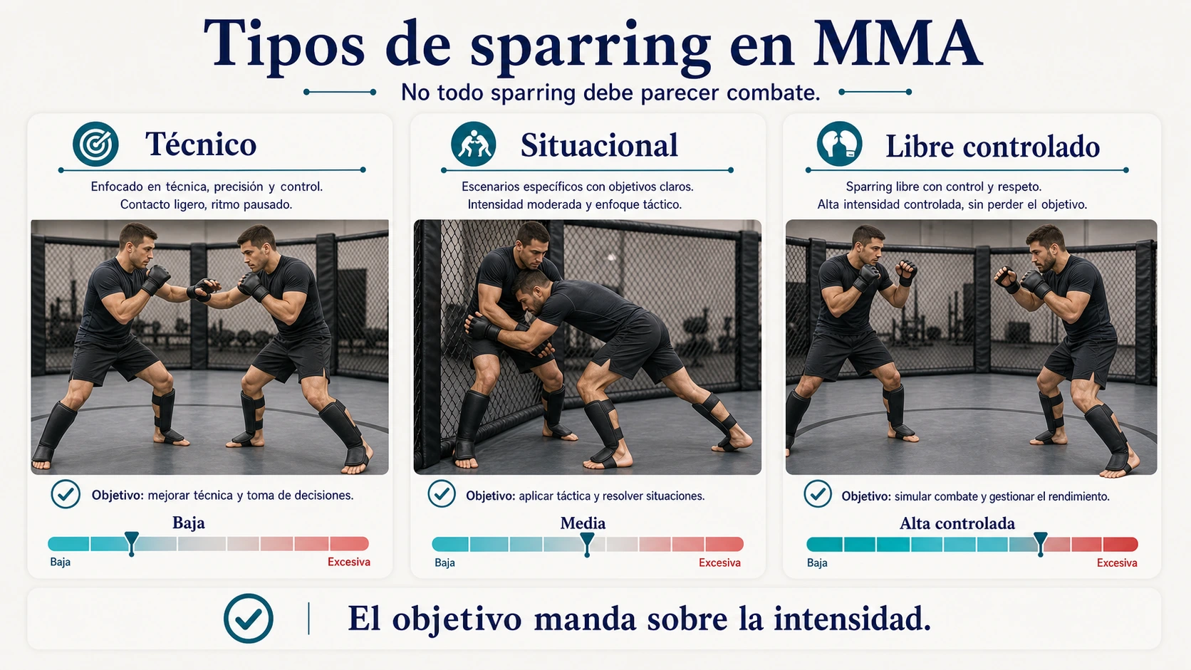 Tipos de sparring en MMA técnico situacional y libre controlado con diferentes niveles de intensidad