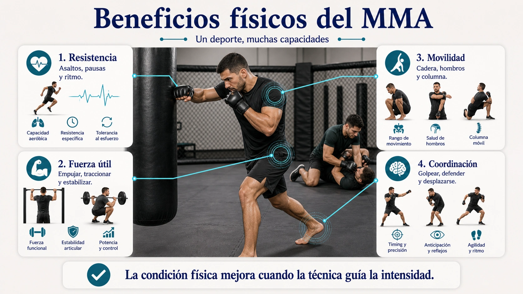 Infografía de beneficios físicos del MMA con resistencia fuerza útil movilidad y coordinación