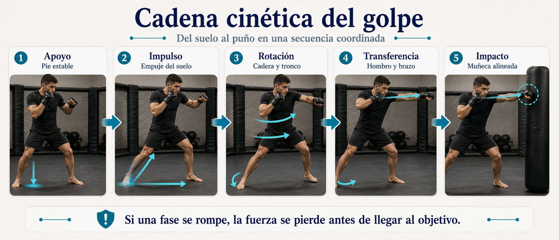 Secuencia de cadena cinética del golpe en MMA con apoyo impulso rotación transferencia e impacto