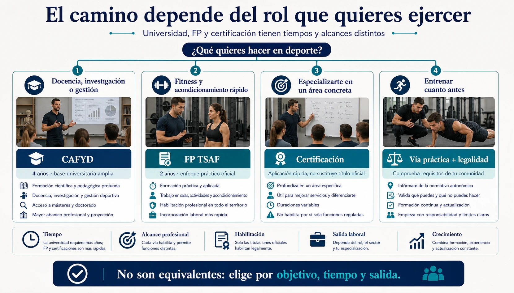 Árbol de decisión para elegir entre CAFYD FP TSAF y certificación según docencia gestión fitness especialización o entrenamiento práctico