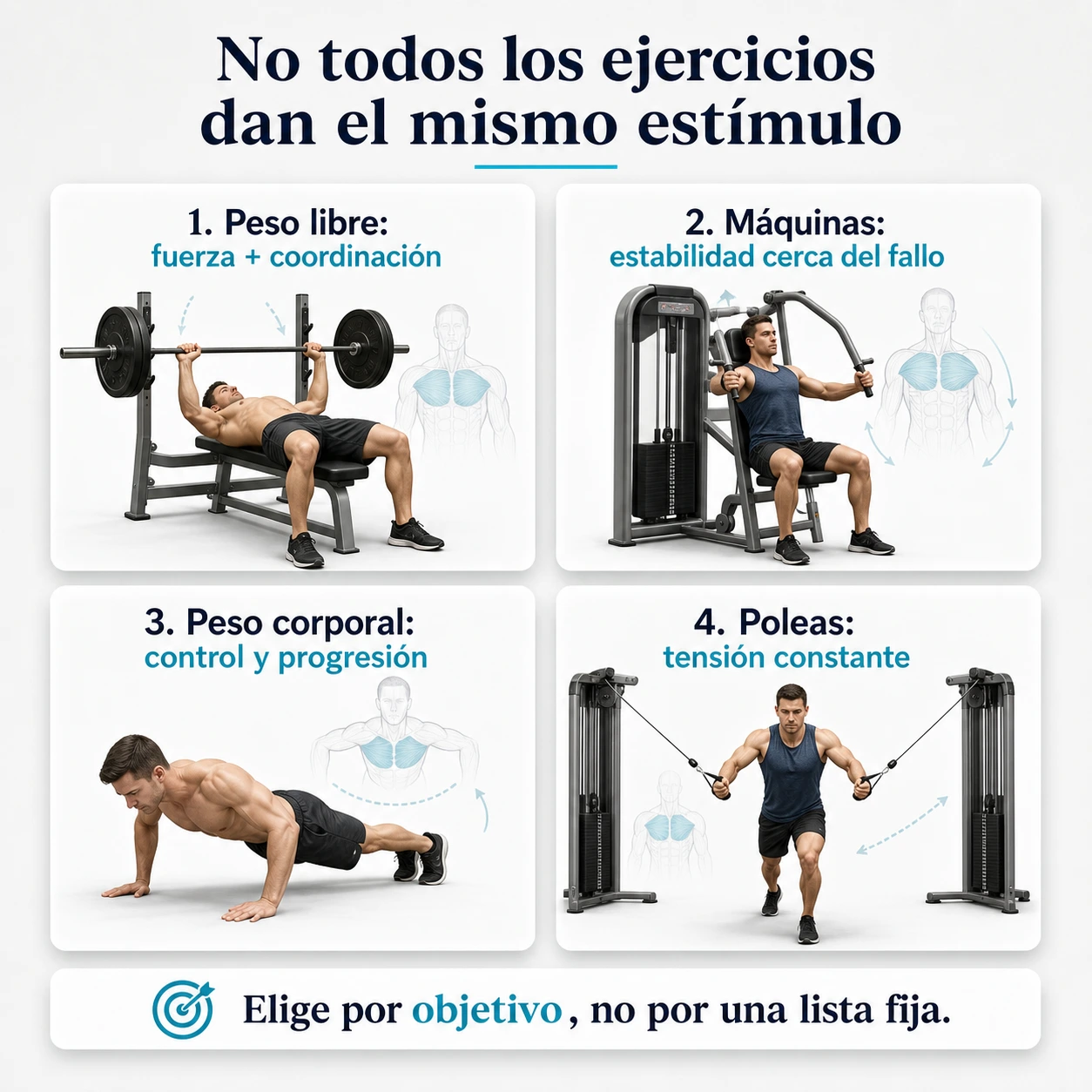 Comparativa de categorias de ejercicios de pecho con peso libre maquinas peso corporal y poleas