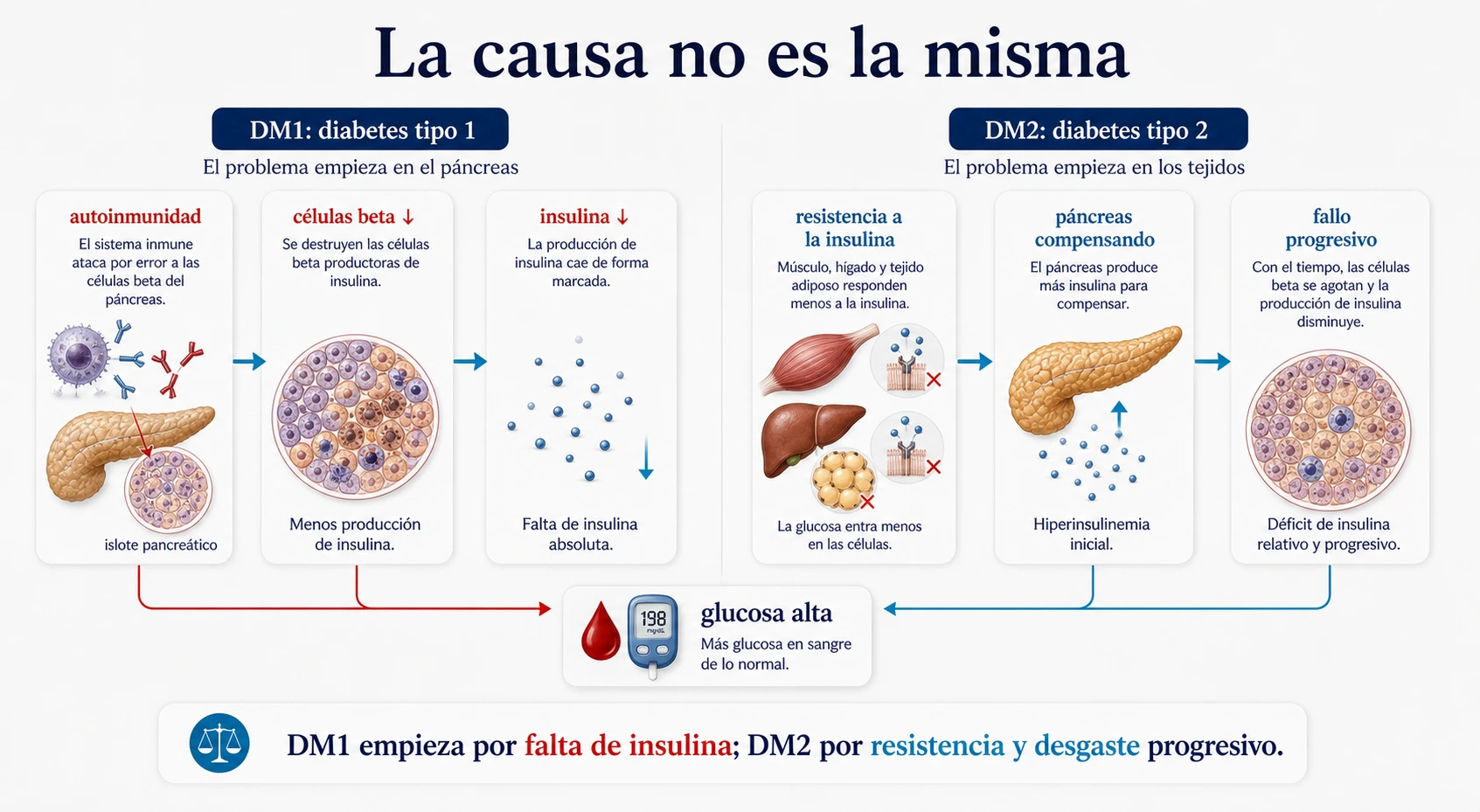Diferencia causal entre diabetes tipo 1 por autoinmunidad y diabetes tipo 2 por resistencia a la insulina y fallo progresivo