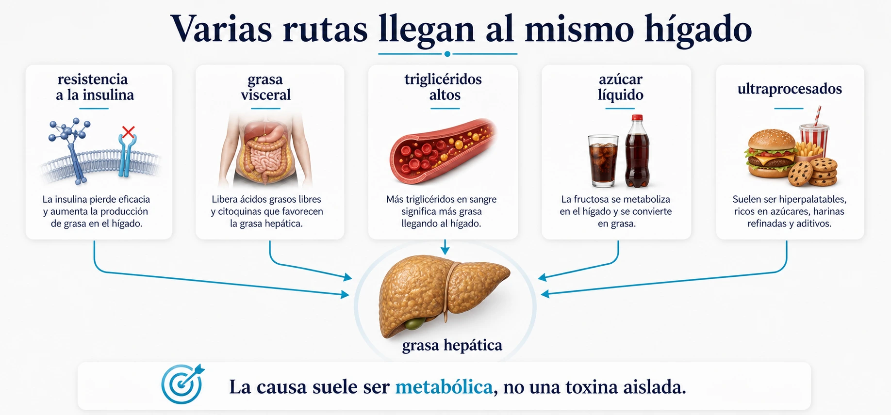 Mapa de causas metabolicas del higado graso con resistencia a la insulina grasa visceral trigliceridos azucar liquido y ultraprocesados