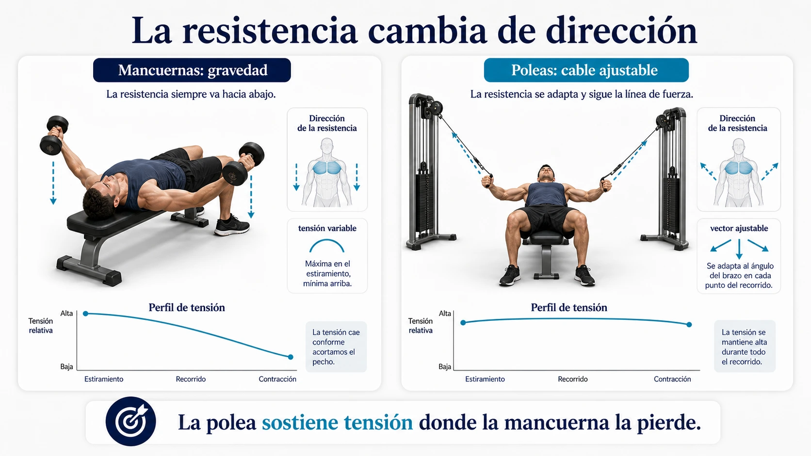 Comparativa entre cruces en polea y aperturas con mancuernas segun direccion de resistencia y perfil de tension