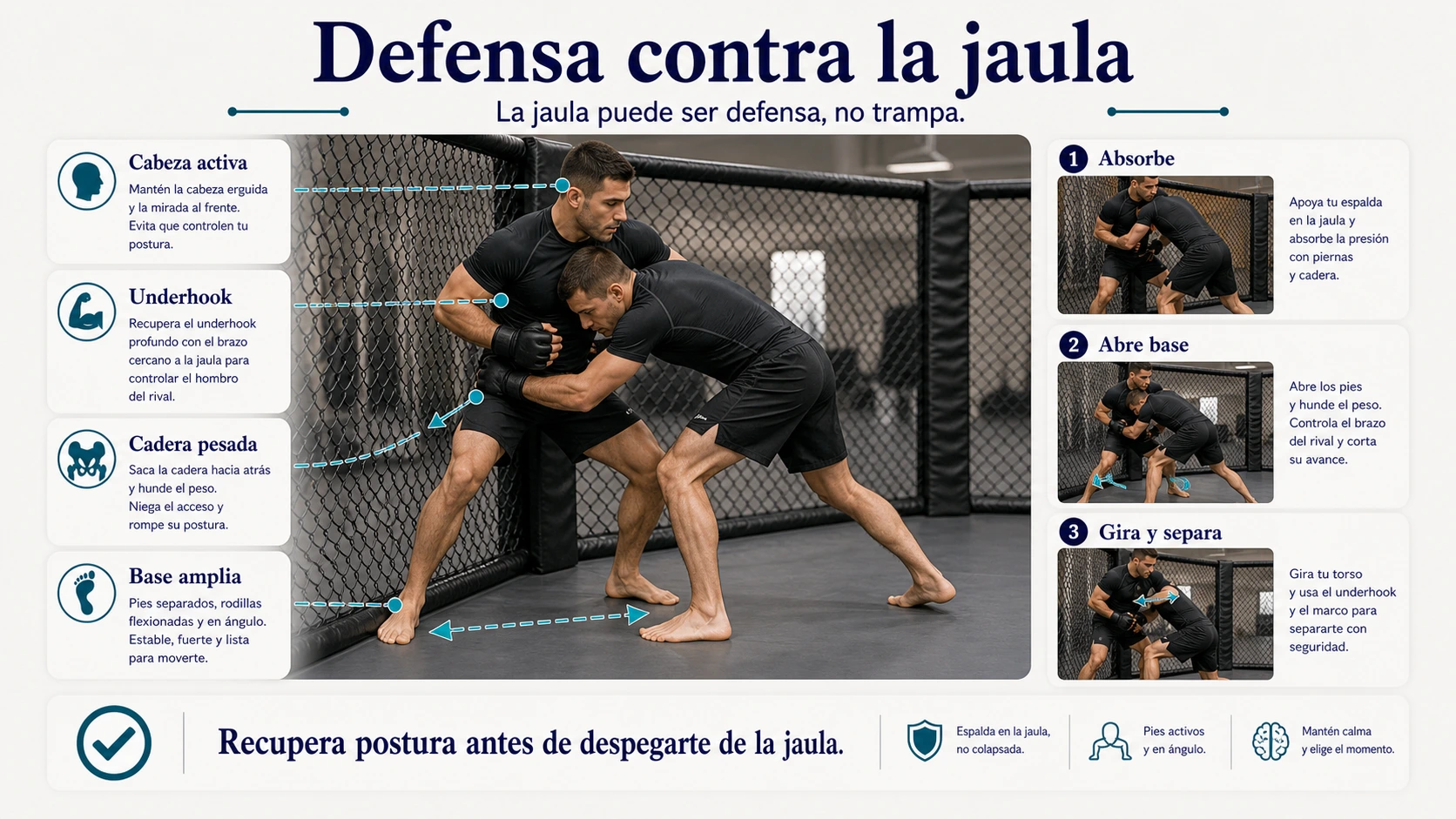 Defensa de derribo contra la jaula en MMA con base amplia underhook cabeza activa y cadera pesada
