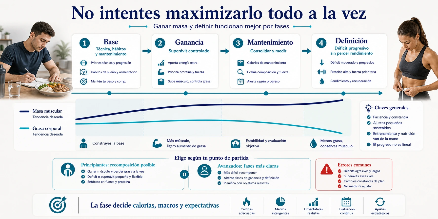 Periodización de dieta para ganar masa muscular y definir con fases de base ganancia mantenimiento y definición