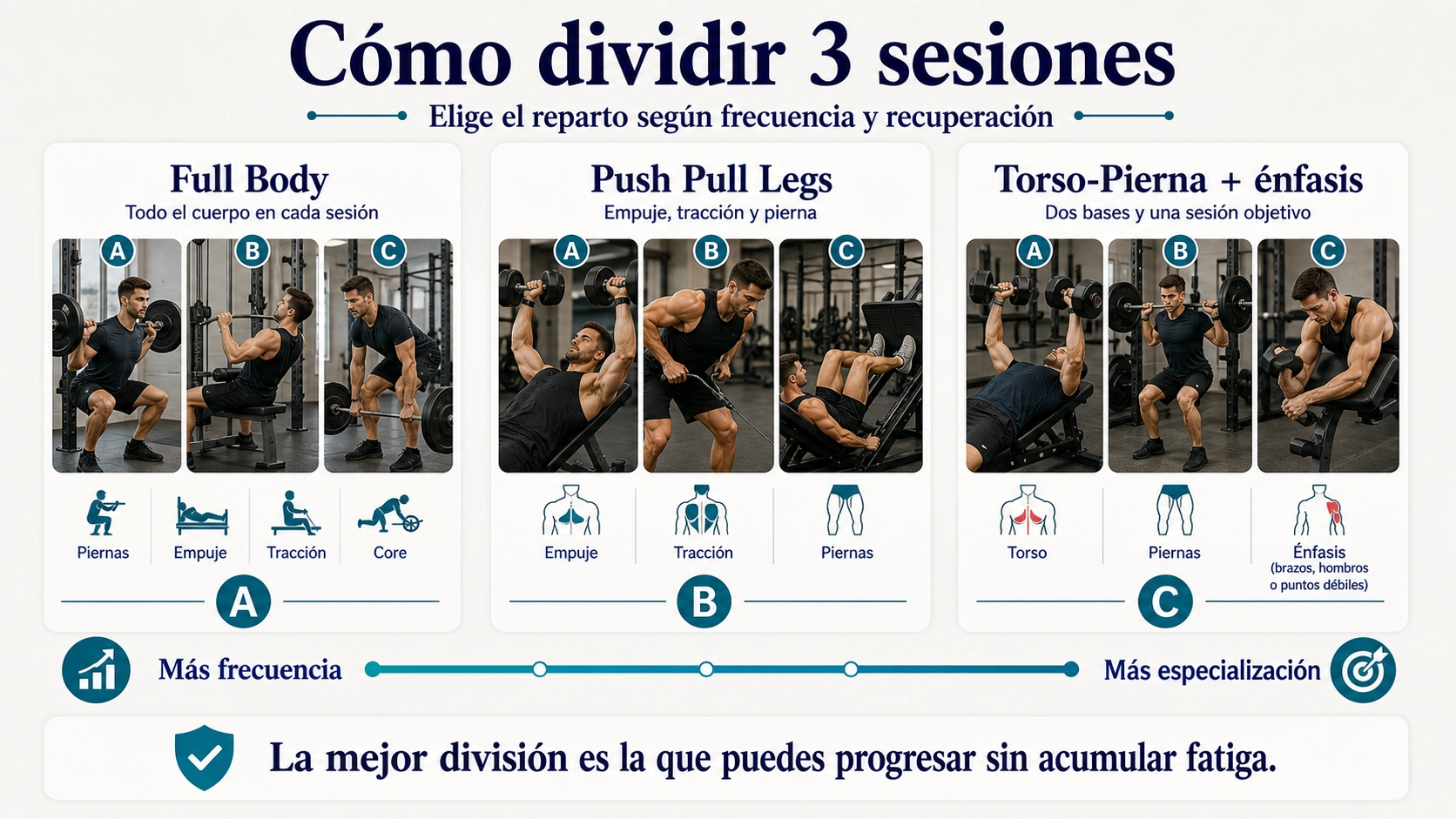 Comparativa para dividir tres sesiones de gimnasio entre full body push pull legs y torso pierna con énfasis