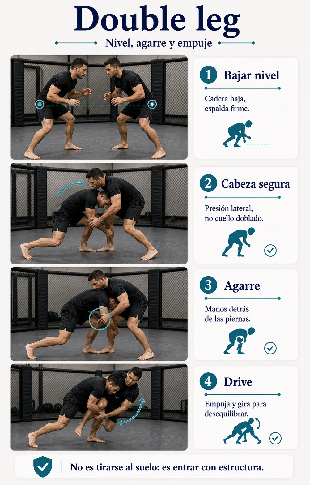 Secuencia técnica del double leg en MMA con bajada de nivel cabeza segura agarre y empuje