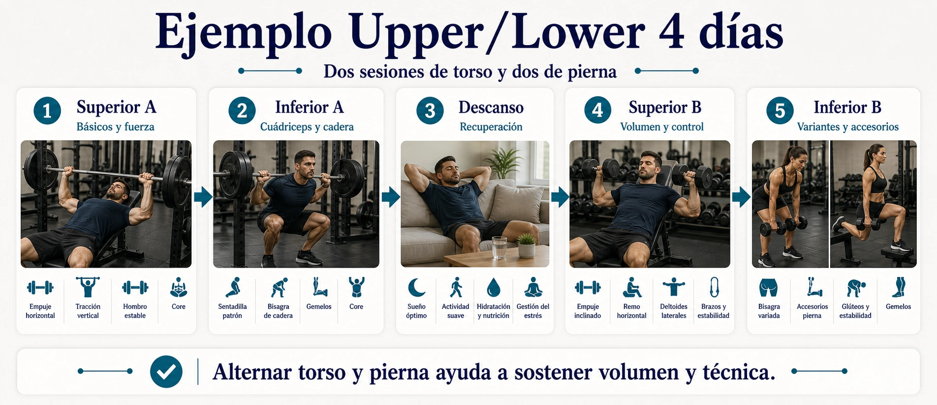 Ejemplo de rutina Upper Lower 4 días con superior A inferior A descanso superior B e inferior B