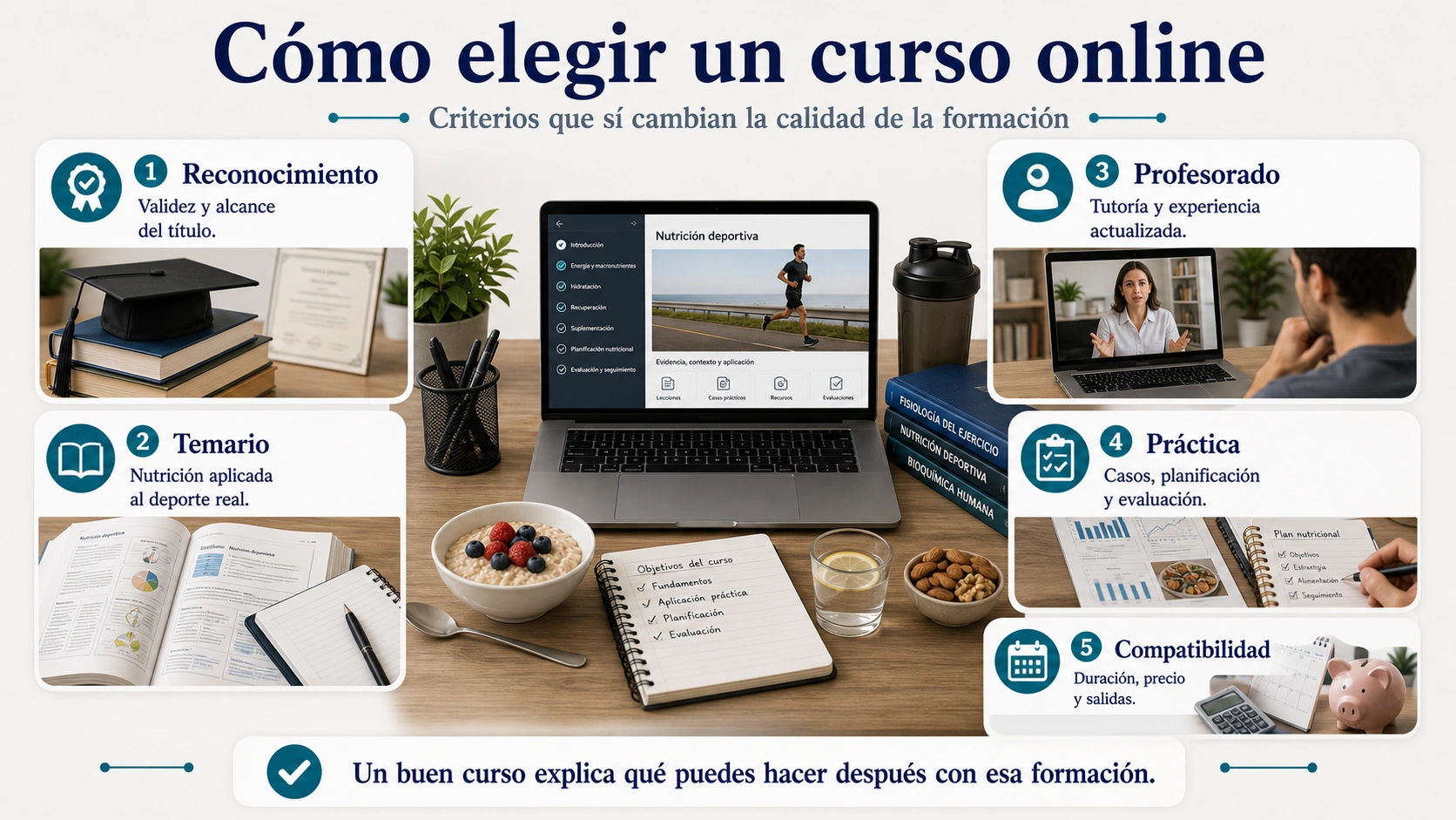 Checklist para elegir un curso online de nutrición deportiva con reconocimiento temario profesorado práctica y compatibilidad
