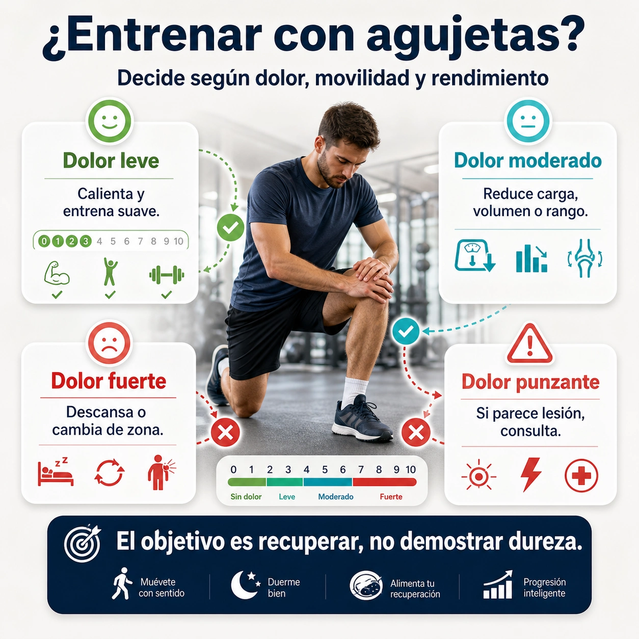 Árbol de decisión para entrenar con agujetas según dolor movilidad rendimiento y señales de posible lesión