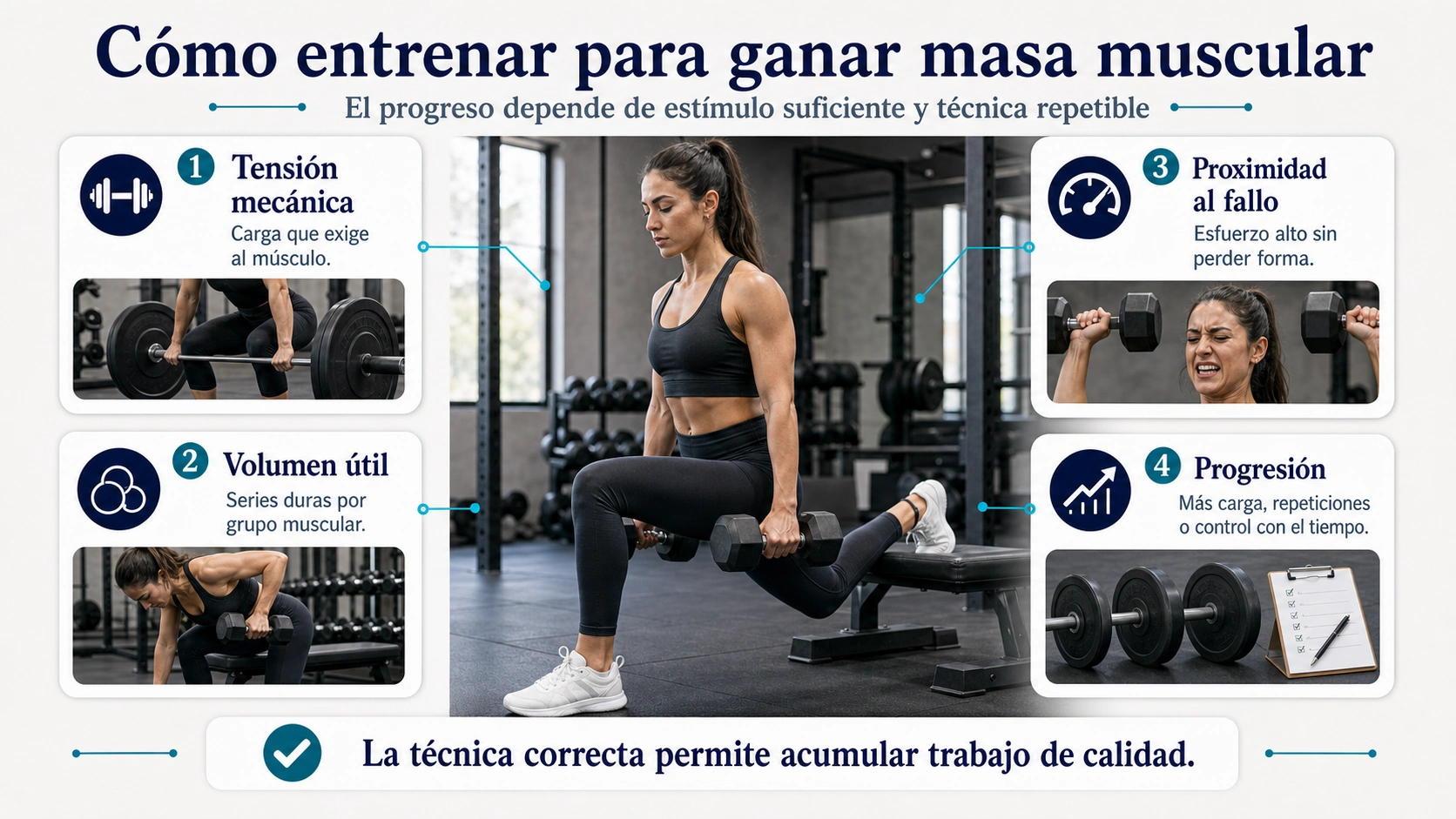 Infografía de entrenamiento para ganar masa muscular con tensión mecánica volumen proximidad al fallo y progresión