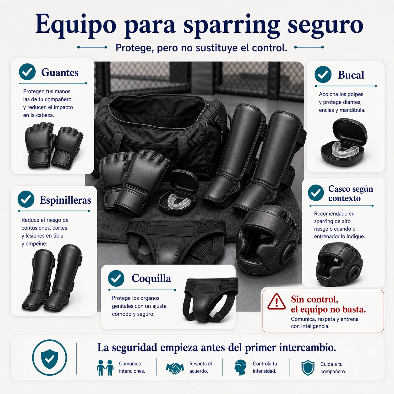 Equipo para sparring seguro en MMA con guantes bucal espinilleras coquilla y casco según contexto
