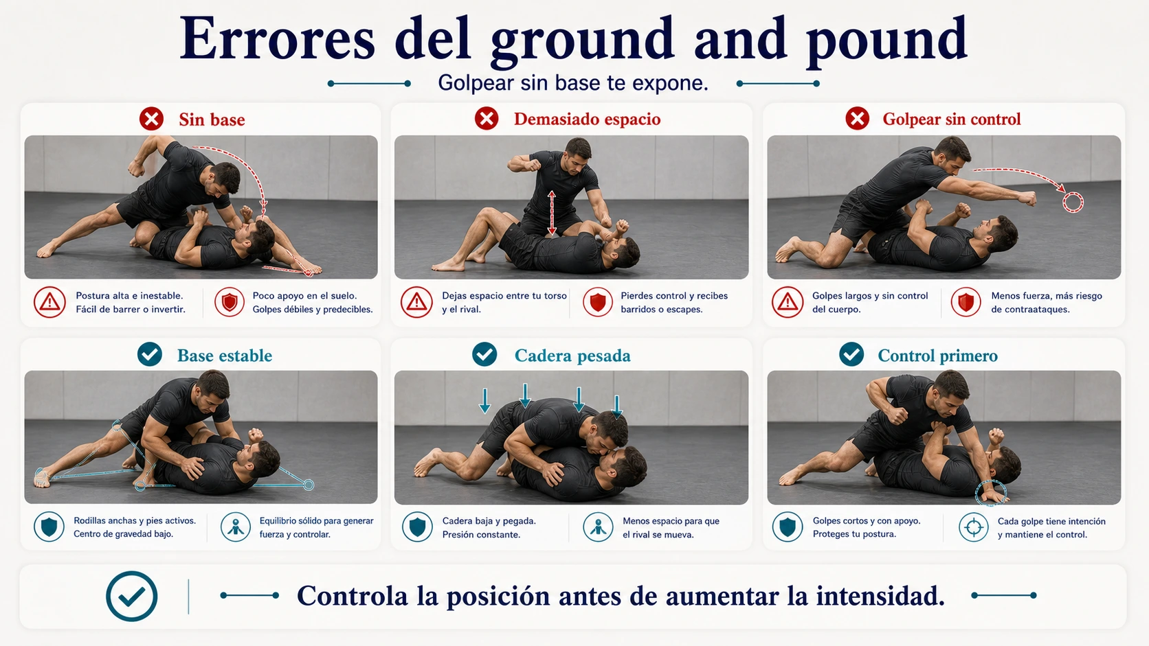 Errores comunes del ground and pound en MMA como perder base dejar espacio y golpear sin control