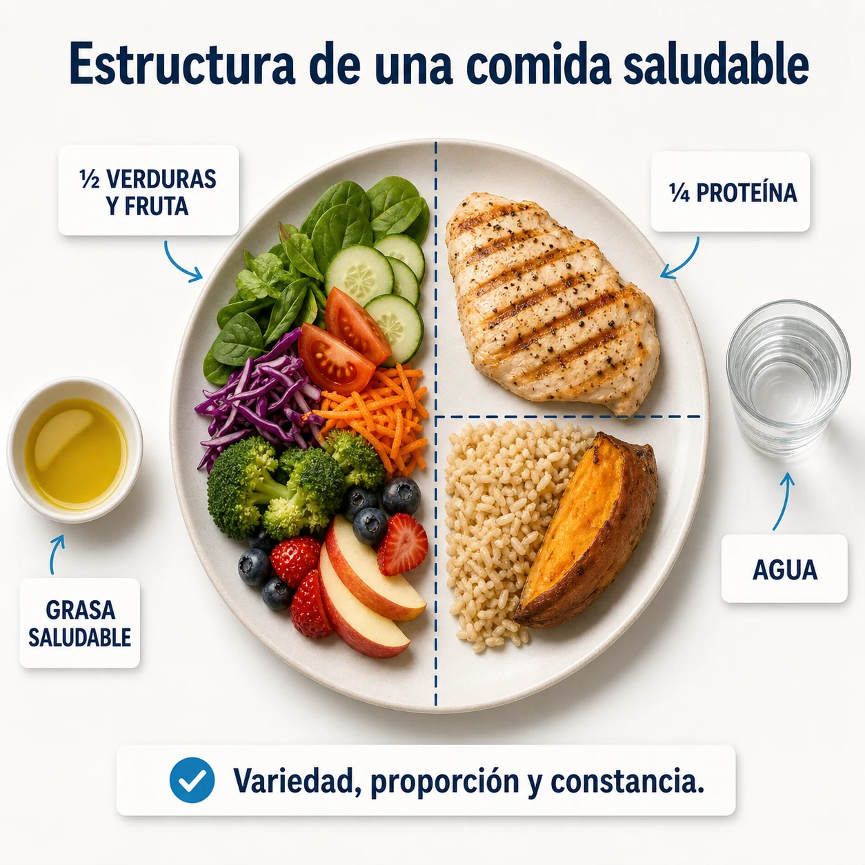 Estructura de una comida saludable con verduras proteína cereal integral grasa saludable y agua