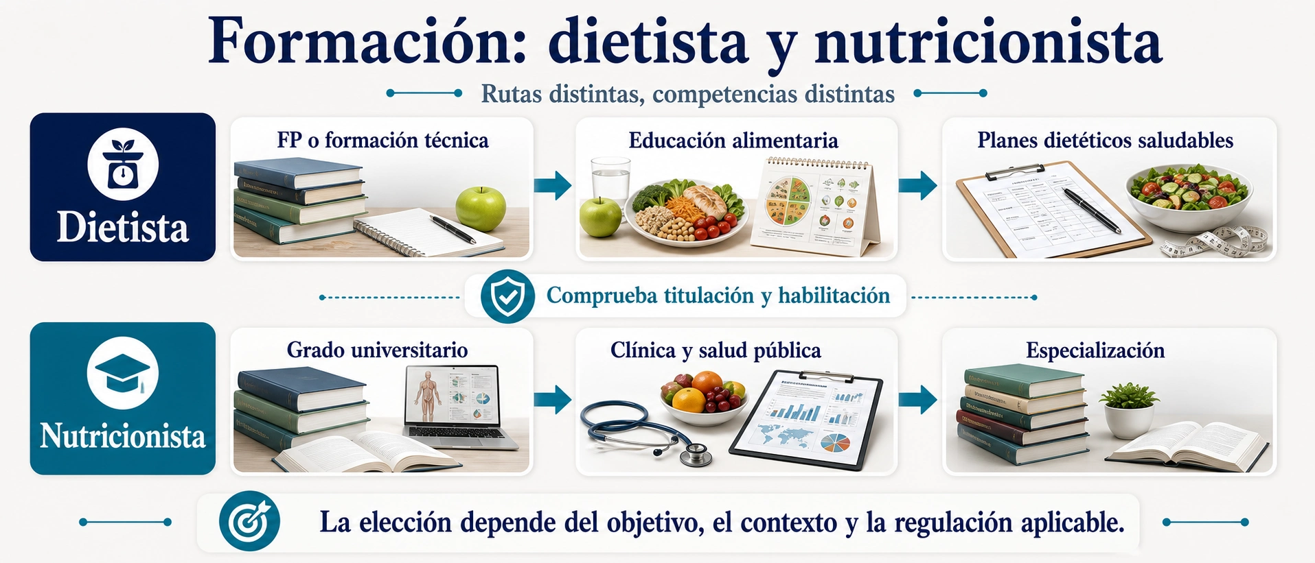 Línea comparativa de formación de dietista y nutricionista con FP grado competencias y habilitación