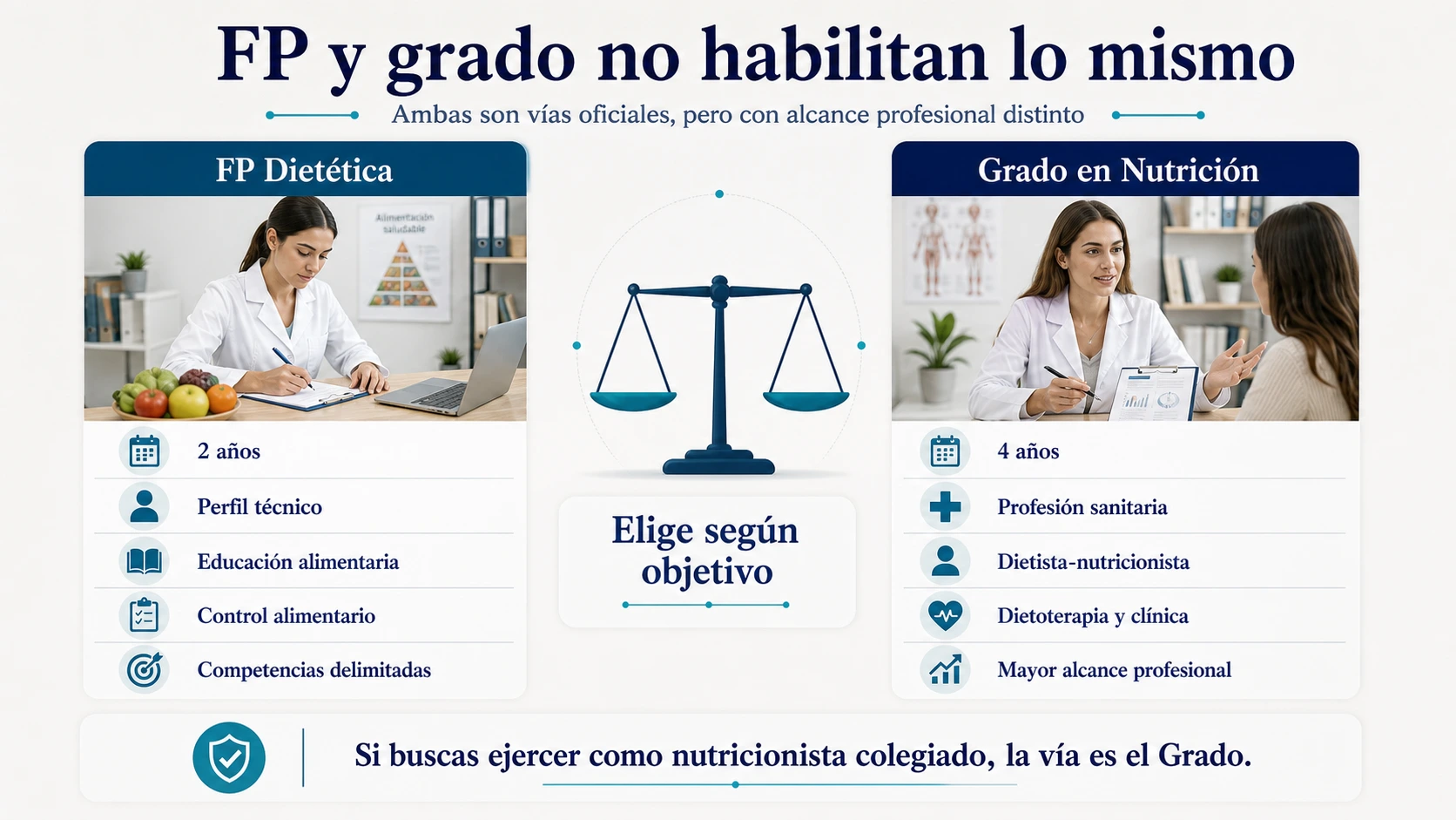 Comparativa entre FP de Dietética y Grado en Nutrición sobre duración perfil profesional alcance y habilitación