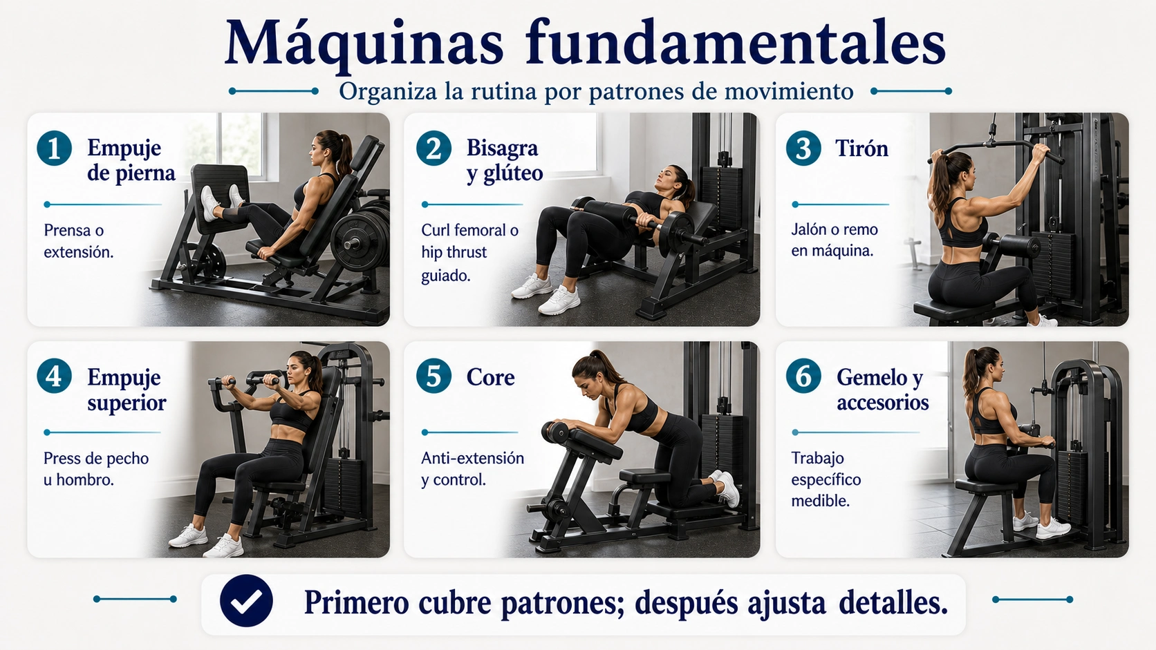 Infografía de máquinas fundamentales para rutina de mujeres organizada por patrones de movimiento